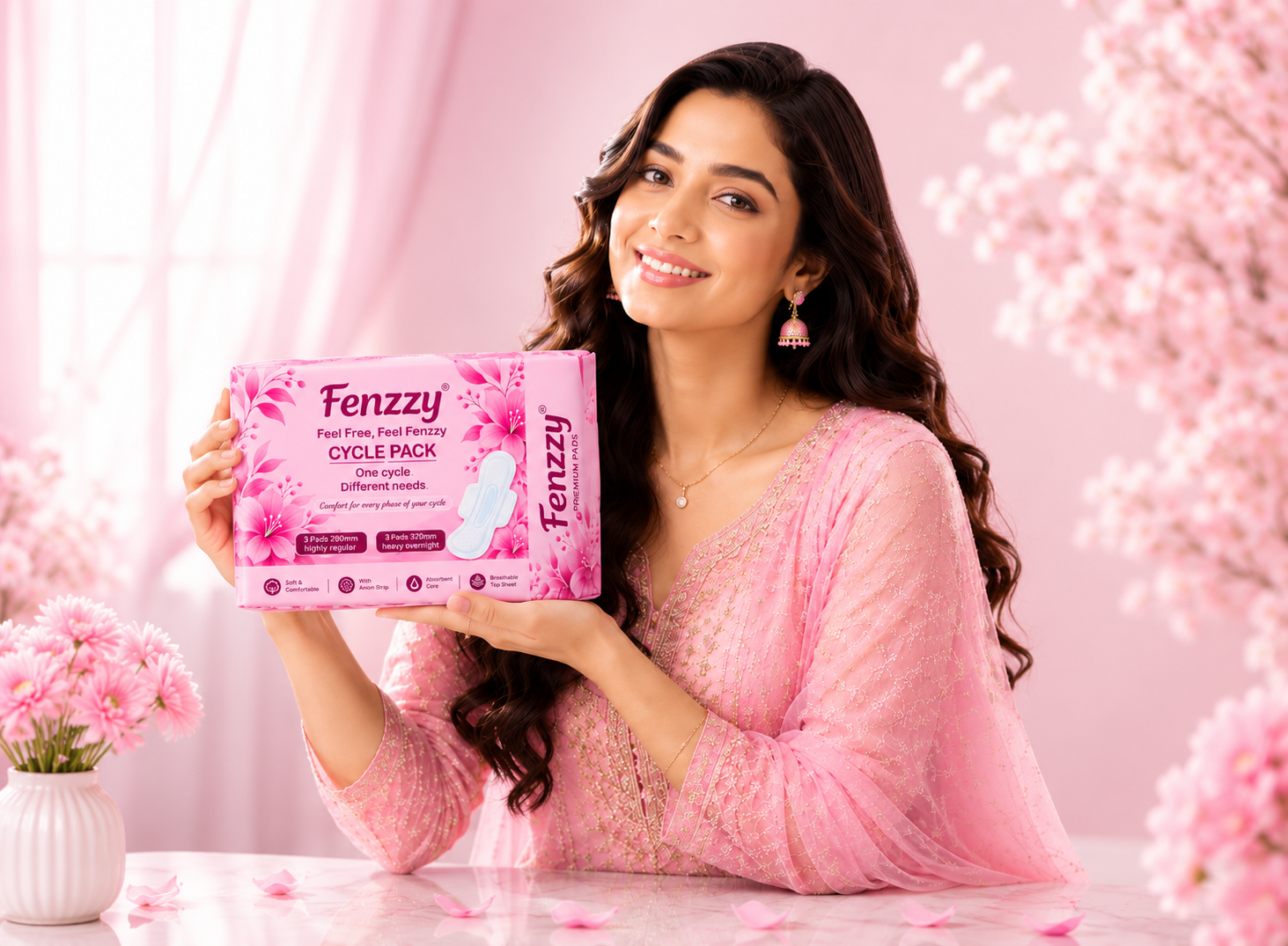 a girl besides her product image
